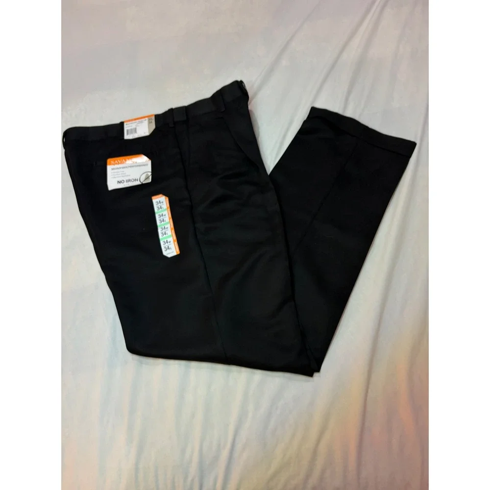 Savane Mens Black Pleated Dress Pants 34x34 Comfort Waist Microfiber No Iron NEW